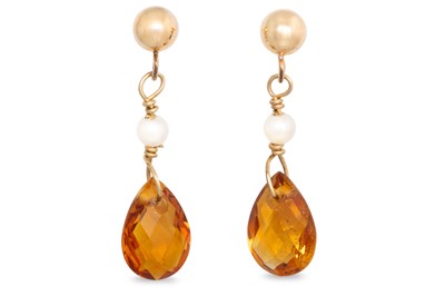 Lot 77 - A PAIR OF CITRINE AND PEARL DROP EARRINGS,...