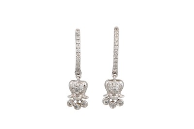 Lot 127 - A PAIR OF DIAMOND HOOP EARRINGS, suspending...