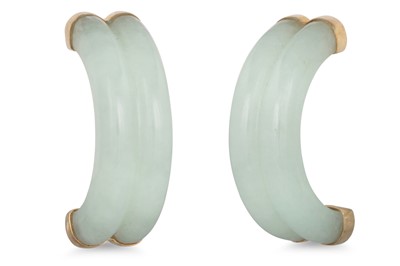Lot 84 - A PAIR OF JADE HALF HOOP EARRINGS, mounted in...