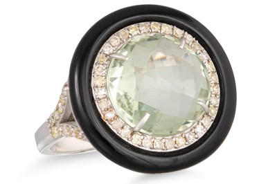 Lot 97 - A GREEN QUARTZ, ONYX AND DIAMOND CLUSTER RING,...