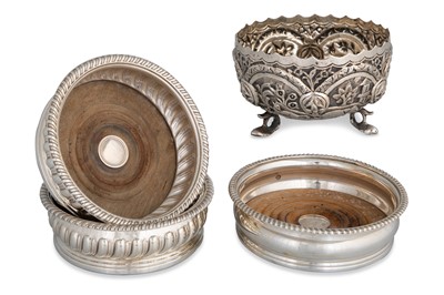 Lot 404 - A PAIR OF ANTIQUE SILVER PLATED WINE COASTERS,...