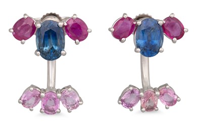 Lot 190 - A PAIR OF RUBY AND SAPPHIRE EARRINGS, of...