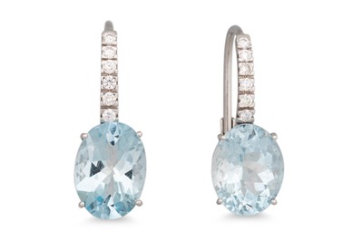 Lot 194 - A PAIR OF AQUAMARINE AND DIAMOND EARRINGS, the...
