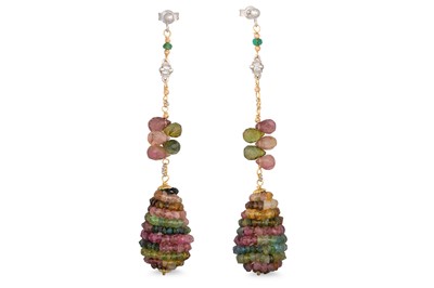 Lot 218 - A PAIR OF WATERMELON TOURMALINE DROP EARRINGS,...