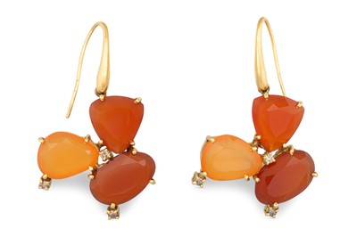 Lot 220 - A PAIR OF CARNELIAN DROP CLUSTER EARRINGS,...