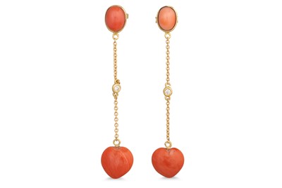 Lot 238 - A PAIR OF CORAL DROP EARRINGS, heart shaped...
