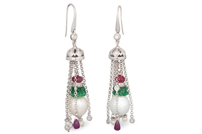 Lot 240 - A PAIR OF PEARL, DIAMOND, RUBY AND EMERALD...