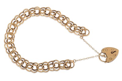 Lot 44 - A 9CT GOLD FANCY DOUBLE LINK BRACELET, padlock...