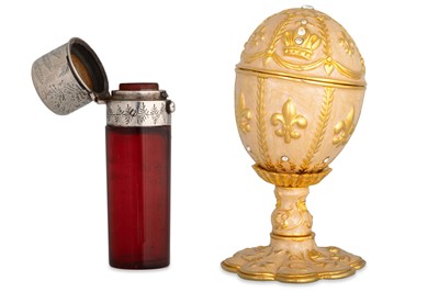 Lot 377 - A VICTORIAN RUBY GLASS PERFUME BOTTLE, silver...