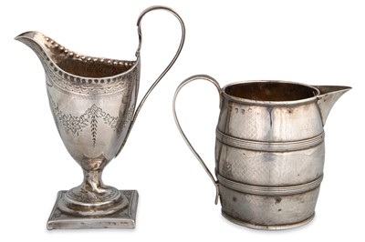 Lot 387 - TWO GEORGE III SILVER JUGS, one in the form of...