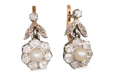Lot 303 - A PAIR OF ANTIQUE DIAMOND AND PEARL DROP...