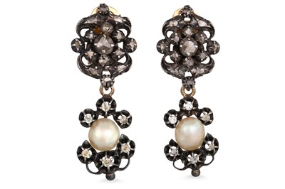Lot 308 - A PAIR OF ANTIQUE PEARL AND DIAMOND DROP...