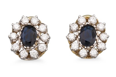 Lot 117 - A PAIR OF SAPPHIRE AND DIAMOND CLUSTER...