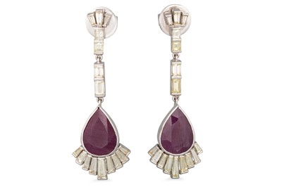 Lot 193 - A PAIR OF RUBY AND DIAMOND DROP EARRINGS, the...
