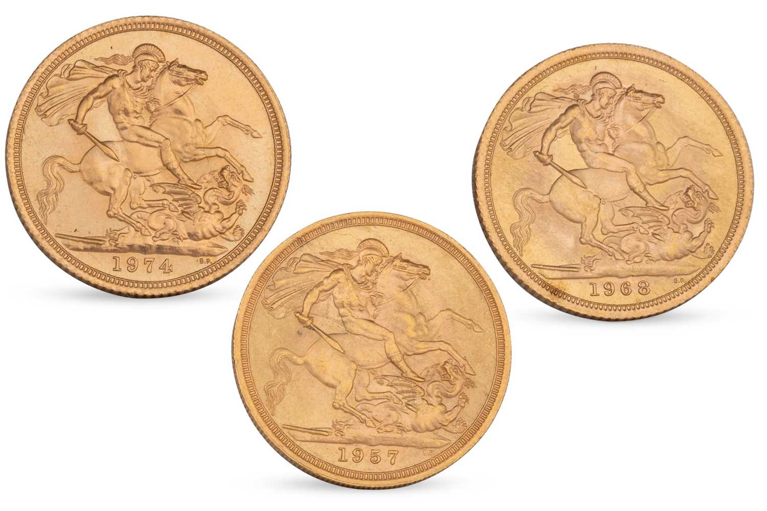 Lot 359 - THREE FULL GOLD SOVEREIGNS, QEII 1957, 1968 &...