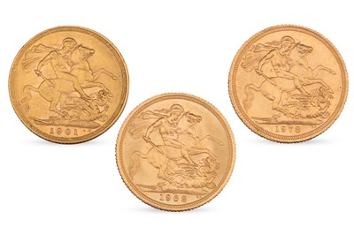 Lot 360 - THREE FULL GOLD SOVEREIGNS, QEII & Victoria,...