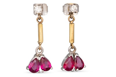 Lot 166 - A PAIR OF RUBY AND DIAMOND DROP EARRINGS, each...