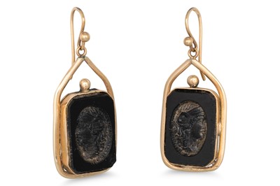 Lot 57 - A PAIR OF ONYX INTAGLIO SET EARRINGS, yellow...