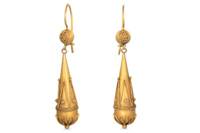 Lot 58 - A PAIR OF 9CT GOLD ETRUSCAN DESIGN DROP...