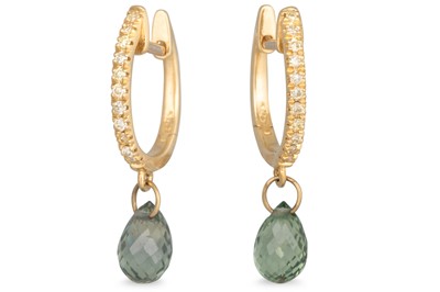 Lot 148 - A PAIR OF DIAMOND AND GREEN SAPPHIRE EARRINGS,...