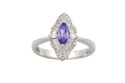 Lot 276 - A DIAMOND AND TANZANITE CLUSTER RING, marquise...