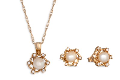 Lot 350 - A PAIR OF PEARL AND DIAMOND EARRINGS, in 14ct...