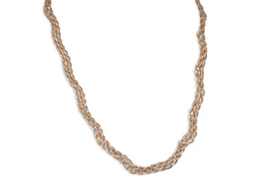 Lot 139 - AN 18CT THREE COLOUR GOLD NECKLACE, plaited...