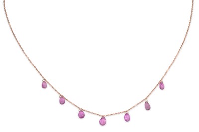 Lot 260 - A PINK SAPPHIRE NECKLACE, the briolette drops...