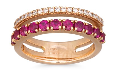 Lot 263 - A RUBY AND DIAMOND TWO ROWED RING, mounted in...