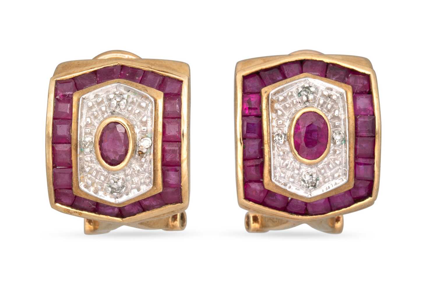 Lot 8 - A PAIR OF DIAMOND AND RUBY CLUSTER HOOP...