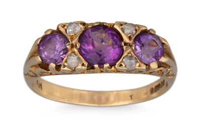 Lot 17 - AN ANTIQUE AMETHYST AND DIAMOND THREE STONE...
