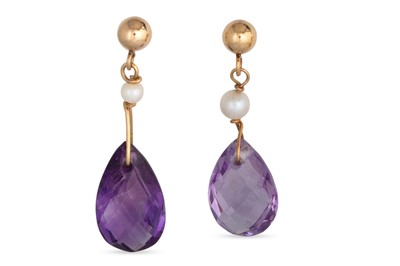 Lot 29 - A PAIR OF AMETHYST AND PEARL EARRINGS, with...