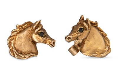 Lot 32 - A PAIR OF GOLD HORSE HEAD EARRINGS, sapphire...