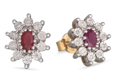 Lot 46 - A PAIR OF RUBY AND DIAMOND CLUSTER EARRINGS,...