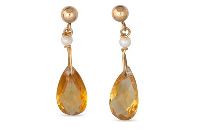 Lot 66 - A PAIR OF CITRINE AND PEARL DROP EARRINGS,...