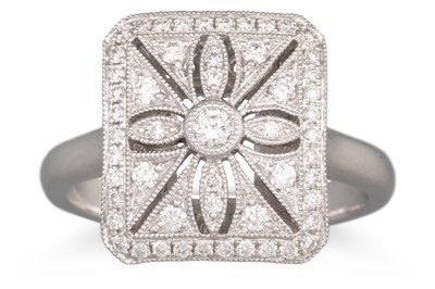 Lot 196 - A DIAMOND CLUSTER PLAQUE RING, of rectangular...