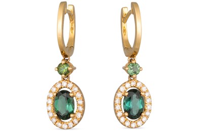 Lot 222 - A PAIR OF DIAMOND AND TOURMALINE EARRINGS, the...