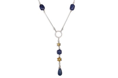Lot 157 - A SAPPHIRE, YELLOW & WHITE DIAMOND NECK CHAIN,...