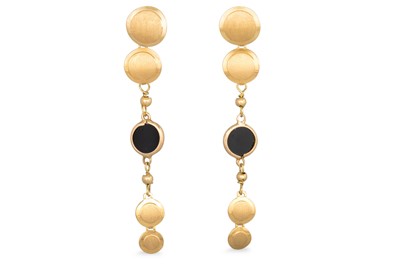 Lot 160 - A PAIR OF ONYX SET DROP EARRINGS, 9ct yellow...