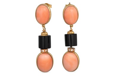 Lot 163 - A PAIR OF CORAL, ONYX AND DIAMOND DROP...