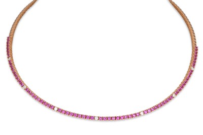 Lot 105 - A RUBY AND DIAMOND COLLAR, set with circular...