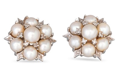 Lot 243 - A PAIR OF DIAMOND AND PEARL CLUSTER EARRINGS,...