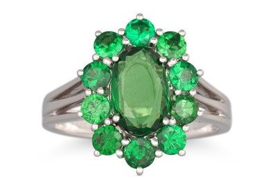 Lot 127 - A GREEN GARNET CLUSTER RING, mounted in 18ct...