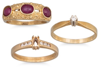 Lot 166 - THREE X 14CT GOLD RINGS, 1 x ruby set & 2...
