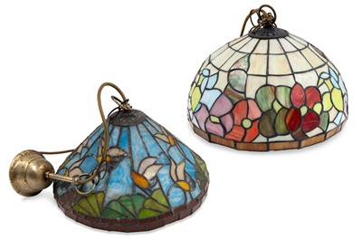 Lot 504 - TWO POLYCHROME STAINED GLASS LAMP SHADES, lead...