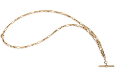 Lot 330 - A 9CT GOLD FIGARO LINK NECKLACE, with t-bar,...