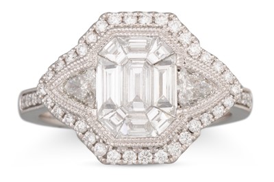 Lot 193 - AN ILLUSION SET BAGUETTE DIAMOND CLUSTER RING,...