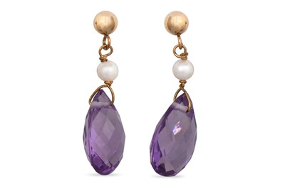 Lot 10 - A PAIR OF AMETHYST AND PEARL DROP EARRINGS, to...