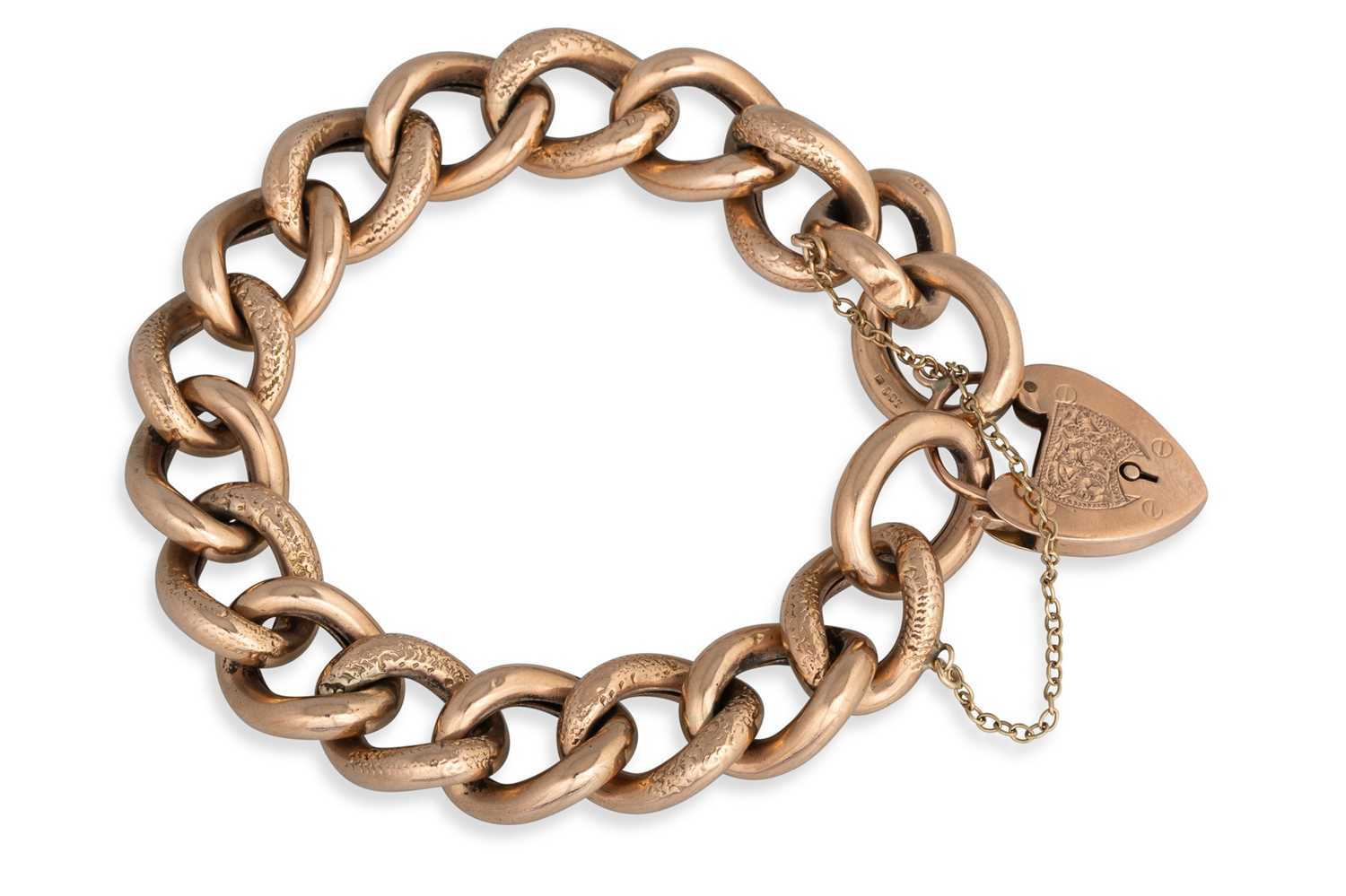 Lot 13 - AN ANTIQUE GOLD CURB BRACELET, with padlock...