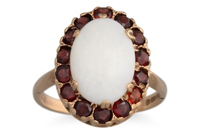 Lot 17 - AN OPAL AND GARNET CLUSTER RING, the cabochon...